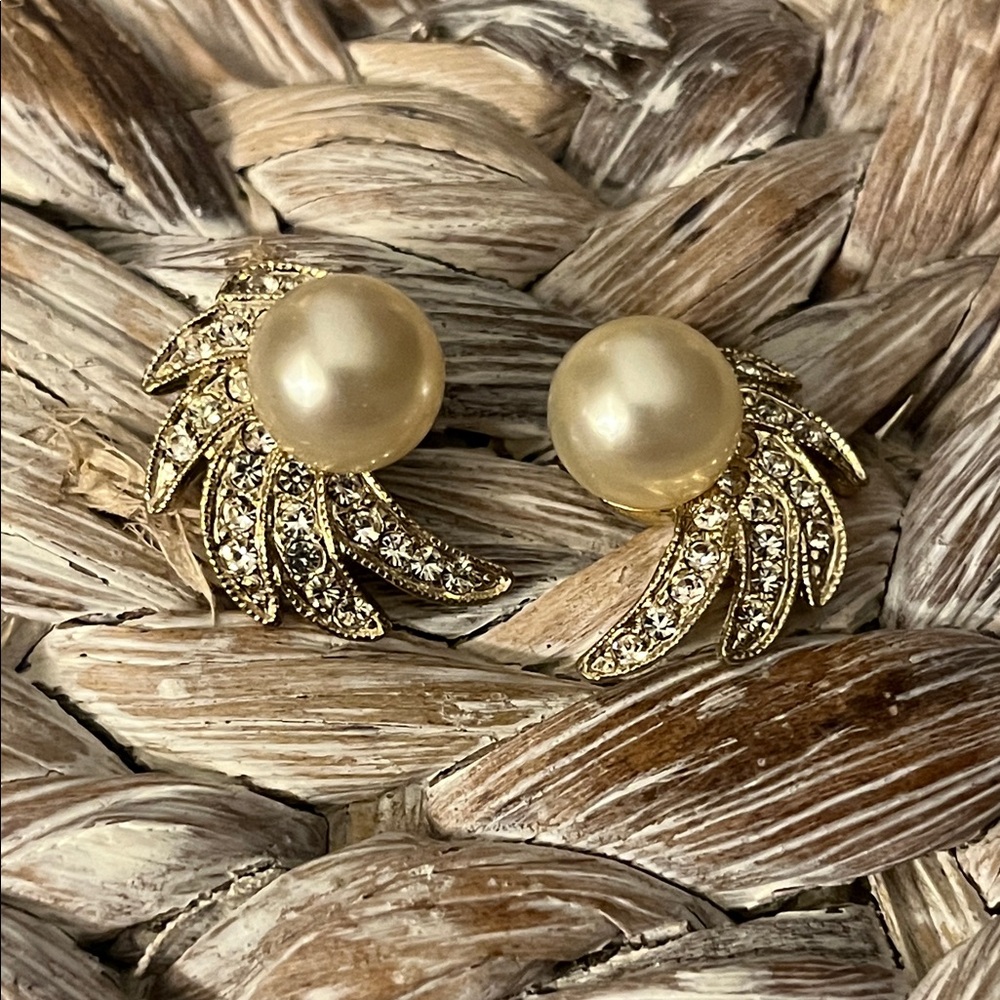 Vintage Hobé Gold Tone and Faux Pearl Rhinestone Leaf Earrings